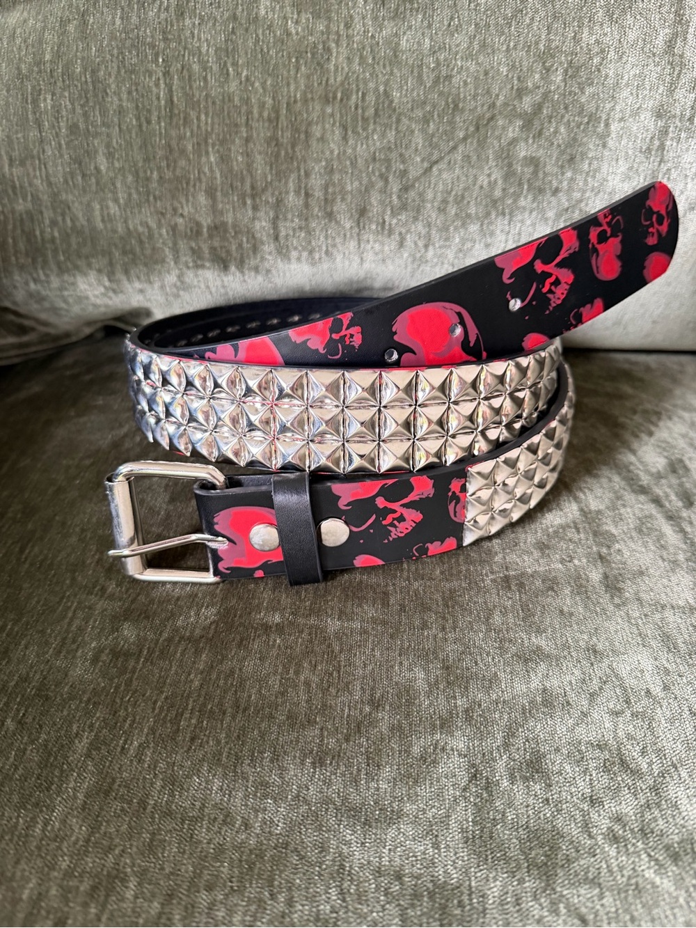 Hot Topic Black Belt with Red Skull Print and Silver Studs